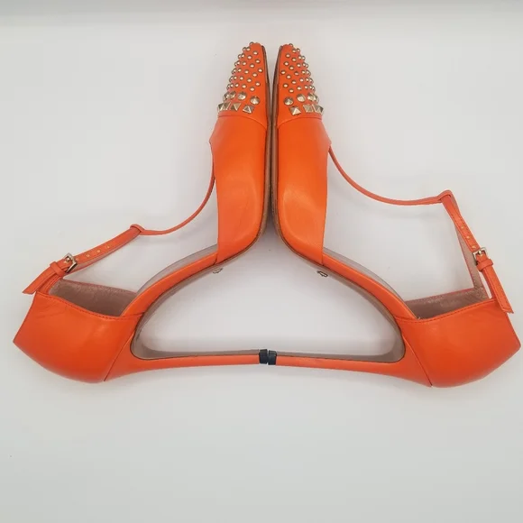 GUCCI Malage Kid Vibrant Orange Leather Studded T-strap Pump EU 36.5